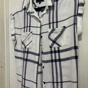 Rails White Blue Plaid Short Sleeves Collared Button Down Boxy Blouse Sz S